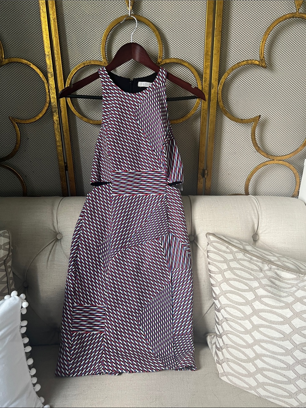 1. State Geometric Midi Dress in Burgundy and Navy